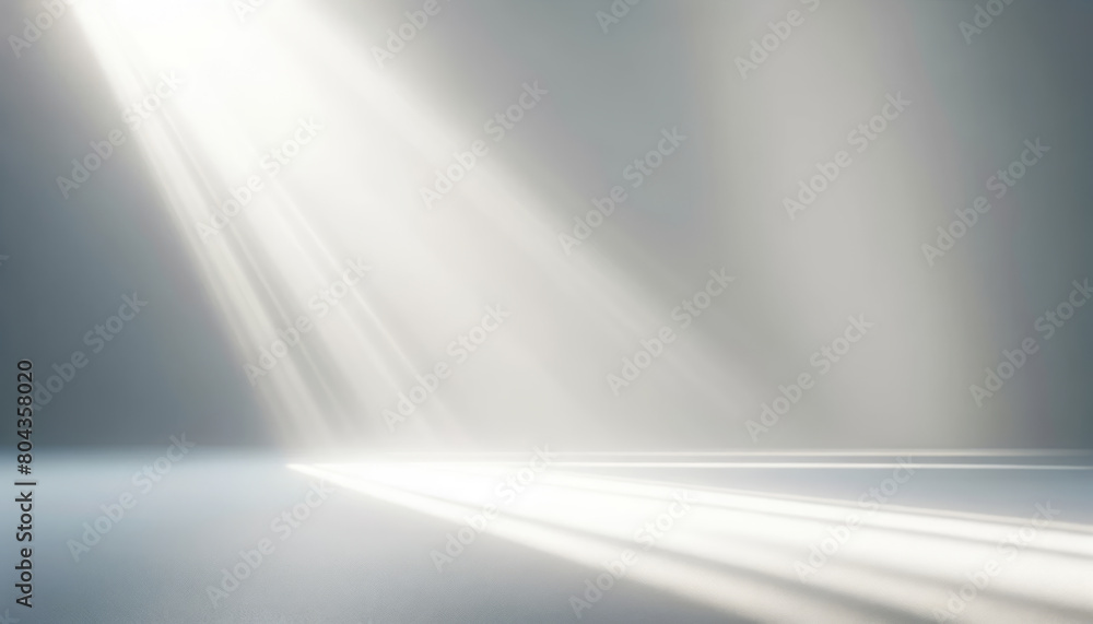 Poster Sunbeams illuminating an empty studio room, clean and modern style, against a gradient background, concept of space for branding or display. Generative AI