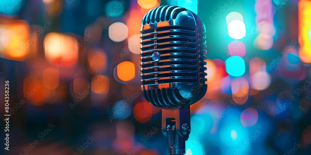 Poster vibrant retro microphone in lively performance setting