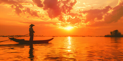 Serene Sunset Lake Boating Scene Generative AI