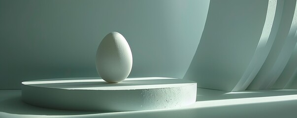 A white egg on a pedestal in a blue room