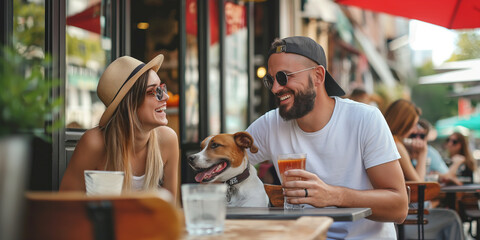 Beautiful young couple sitting in outdoor cafe with their dog on sunny summer day. Pet-friendly restaurants and cafes.