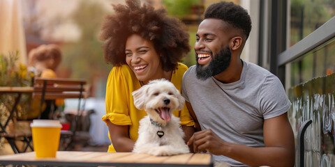 Beautiful young couple sitting in outdoor cafe with their dog on sunny summer day. Pet-friendly restaurants and cafes.