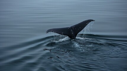 Naklejka premium Leviathans tail disappearing into deep water, creating a swirl, set against a simple, dark aquatic backdrop