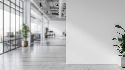 An office interior with a clear white wall for mockups next to a potted plant, showcasing a modern clean design. Generative AI - Powered by Adobe