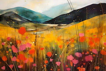inspiring meadow amidst hills, abstract landscape art, painting background, wallpaper, generative ai