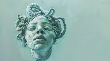 Medusa at dawn, early light casting gentle shadows on her face, serene and isolated against a calm, light blue background