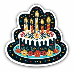 A sticker of a birthday cake with five candles, decorated with flowers and polka dots.