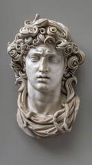 Medusa in a classical pose, reminiscent of ancient sculptures, against a simple, elegant grey background