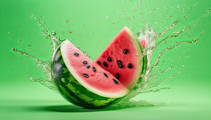 Fresh Watermelon and Melon Slices in water splash on studiio background