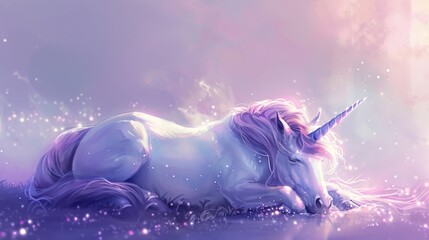 Mythical unicorn lying down, surrounded by faint glimmers of light, on a clean, uncluttered lavender background