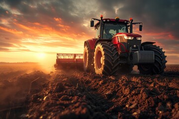 Sunset Symphony: Tractor Tilling Earth's Canvas