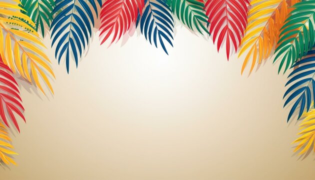 Colorful Tropical Leaves Border Design, Vibrant tropical leaves in a variety of colors form an attractive border on a neutral background, ideal for festive and summery themes.