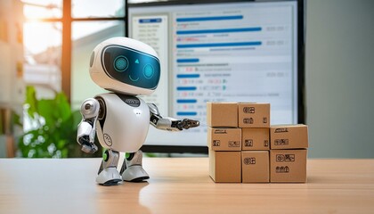 AI Robot Recommending Products at Workplace, An AI robot gesturing towards a stack of cardboard boxes, conceptually recommending products in a modern workplace setting.