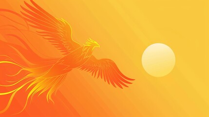 Phoenix at the peak of its ascent, silhouetted against the sun, simple orange and yellow gradient background