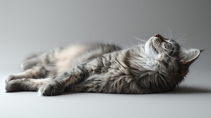 Capture a wide-angle scene of a sleek cat lounging elegantly, emphasizing its luxurious fur in photorealistic detail on a crisp white background