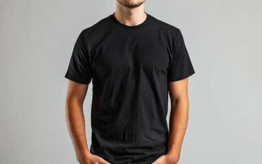 A person wearing a blank black t-shirt suitable for branding or logo mockup, against a light gray background, Generative AI