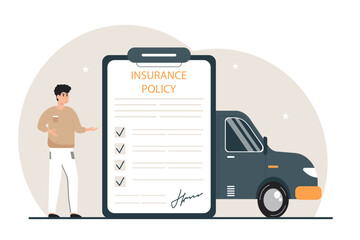 Illustration of car insurance. The man signed an insurance contract for his car. The concept of property insurance. Vector illustration.