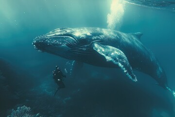 Naklejka premium Oceanic Reverie: A Diver's Encounter