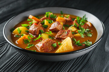 fragrant thick goulash soup on a black wooden rustic background
