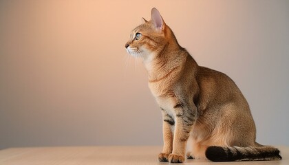 A full-body portrait of an orange cat looking to the left