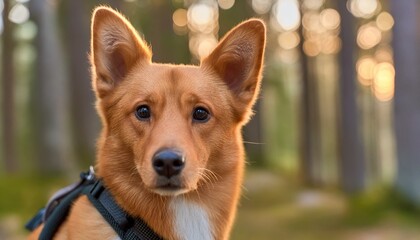 A dog wearing a collar looking at the camera with a forest background