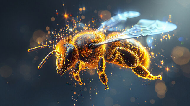 The bee is flying in mid-air, with its wings outstretched. The bee's body is covered in a golden fur