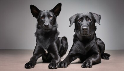Two black dogs sitting and looking at the camera