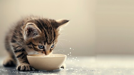 Design a minimalist vector graphic of a playful tabby kitten playfully diving into a bowl of milk