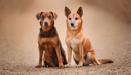 Portrait of two dogs sitting in the middle of a road looking beyond the frame