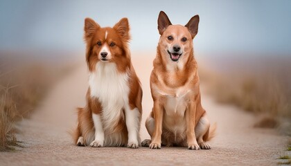 Portrait of two dogs standing on the middle of a road