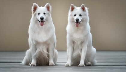 Portrait of two white dogs isolated smiling and looking at the camera