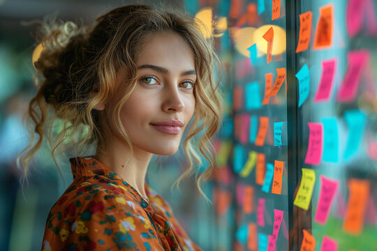 Creative brainstorming session at work. A young woman with a thoughtful expression looks past colorful sticky notes on a glass wall, ideal for depicting planning or innovation