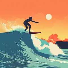 A surfer rides a wave with the sun setting in the background.