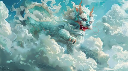 Pixiu amidst clouds, symbolizing its celestial origin, with a clear, light blue background enhancing its ethereal presence
