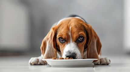 Illustrate a charming Beagle savoring a gourmet meal, rendered in intricate pencil details against a clean white backdrop, exuding a mix of elegance and simplicity
