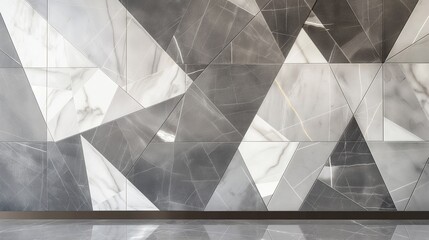 A sleek, modern wall featuring a geometric mosaic of polished marble tiles in varying shades of grey and white, creating a sophisticated and contemporary backdrop. 32k, full ultra hd, high resolution
