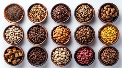 Produce a captivating aerial image of a diverse assortment of pet food products against a pure white backdrop Use a mix of traditional and digital styles to showcase the products i