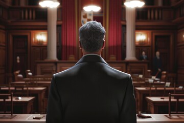 Legal Counsel Standing in Court, Back View