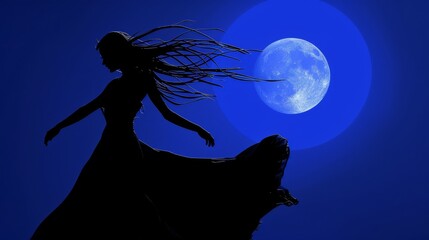 Silhouette of a Banshee under a full moon, her form flowing, against a simple, deep blue background