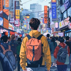 A young man with a backpack is walking down a crowded street in an Asian city.