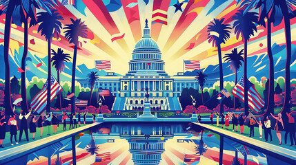 A vibrant and detailed illustration of the United States National leaned in red, white & blue colors with its capitol building at sunrise, surrounded by palm trees.