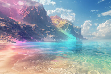 Stunning serene beach with colorful sunrise and mountain backdrop - obrazy, fototapety, plakaty
