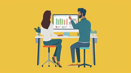 2d illustration of man and woman employees looking at report on computer with graph in corporate environment