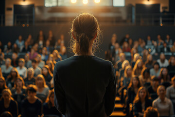 Fototapeta premium Empowering speech at a conference, a woman addressing a large audience. Showcases leadership and communication in professional settings, great for corporate and educational use