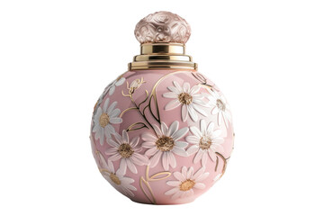 Pink perfume bottle engraved with daisy flowers isolated on transparent background