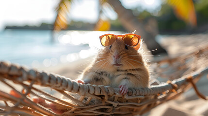 important hamster in sunglasses resting on the beach