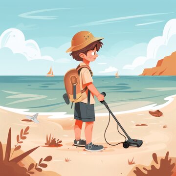 A boy is using a metal detector on the beach.