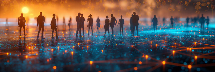 Connected world concept showing silhouettes of people and glowing networks. Ideal for themes of global communication and future technology use in business and social contexts