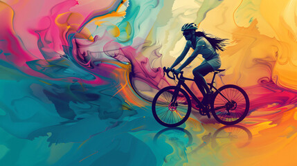 Female cyclist with bicycle on color background