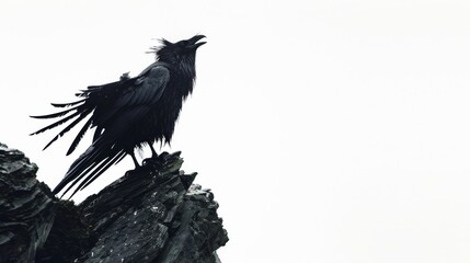 Tengu perched on a mountaintop, wings spread, against a simple, stark white background emphasizing its stature